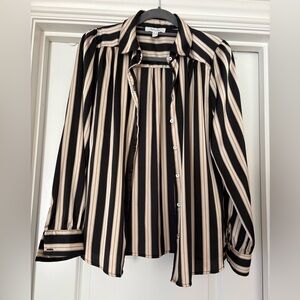 Chic Striped Satin Button-Down Shirt in Black and Cream